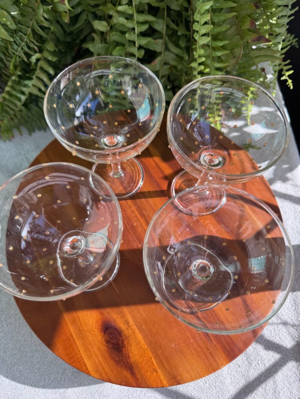 Set of 4 Pottery Barn Champagne Coupe Glasses with Gold Polka Dot